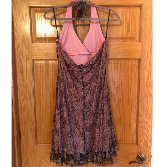 Pink Halter Dress w/ Dark Brown Lace Overlay - Picture 2 of 8